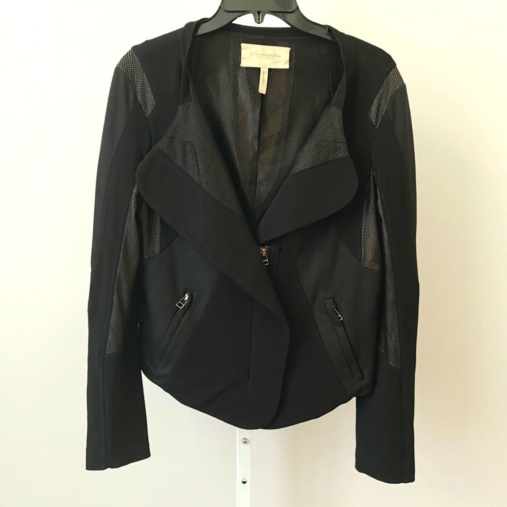 BCBGMAXAZRIA Runway S Black Moto Jacket Mesh Inset Mixed Media Avant-Garde Coat